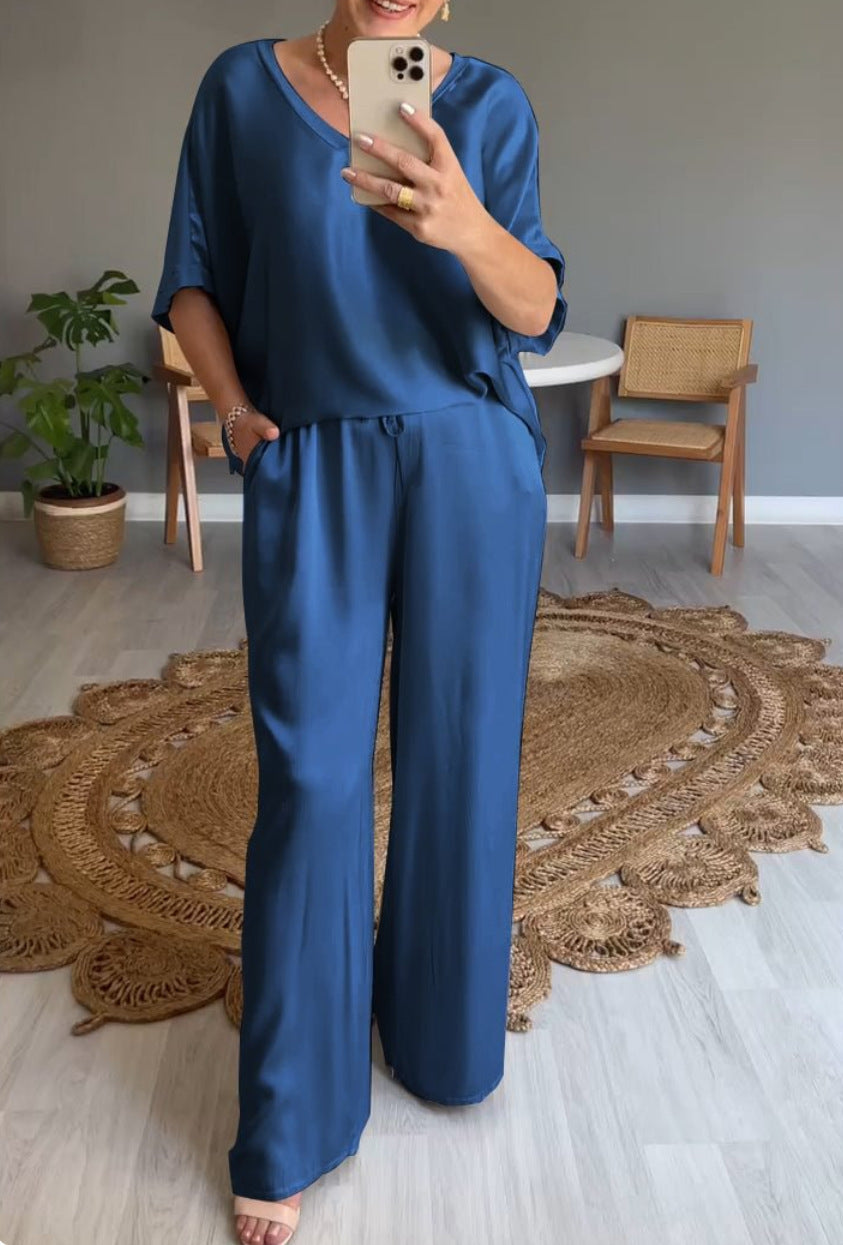 GR | Solid color, silky V-neck casual suit 