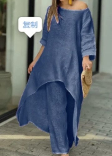 GR | Irregular cotton-linen wide leg two-piece set 