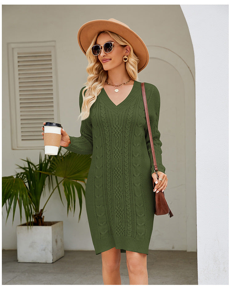 GR | Solid color V-neck twirl knit dress 
