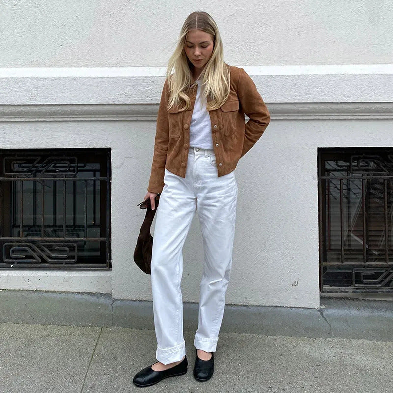 Women's classic suede jacket with patch pockets and sporty cut, size