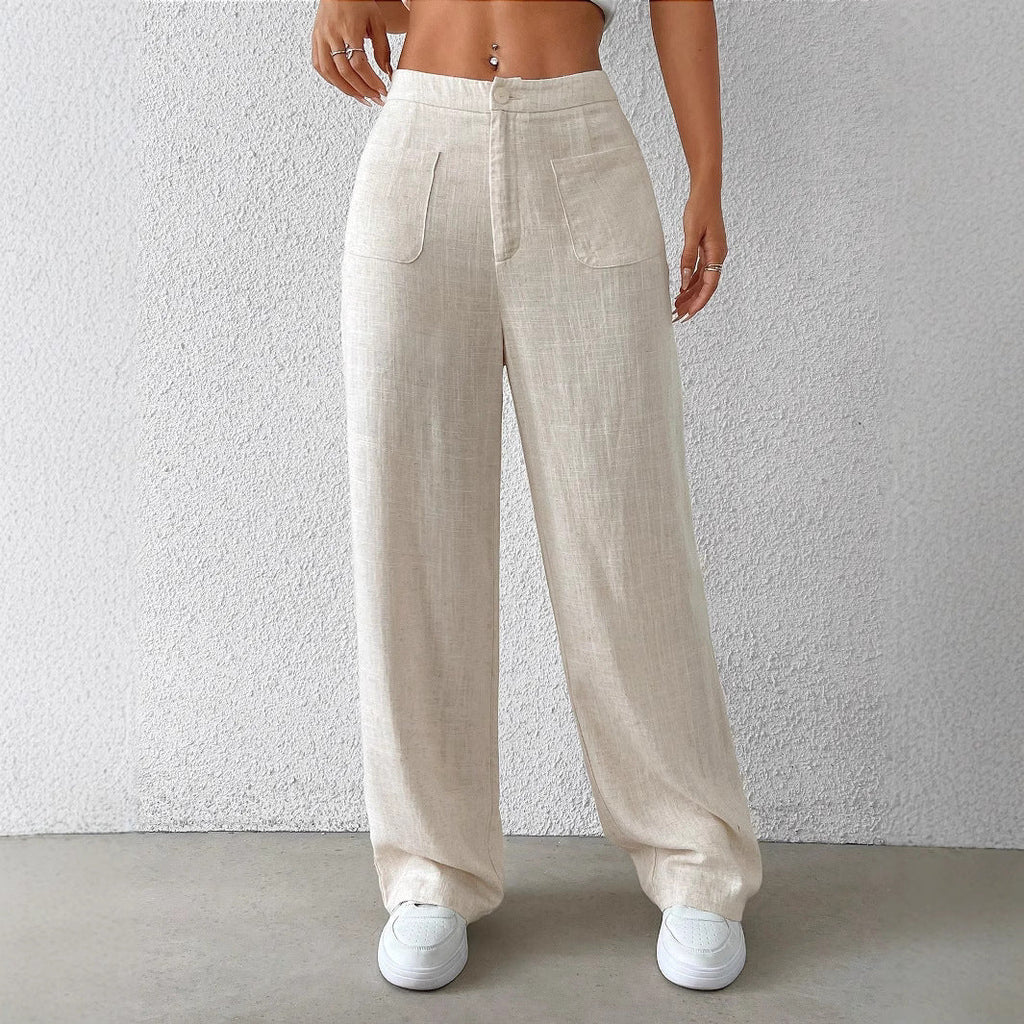 Damen weite Leinenhose mit elastischem Bund und praktischen Taschen GR