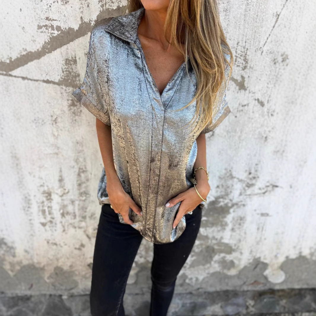 Damen Kurzarm-Seidenbluse mit elegantem Glanz und modischem Revers GR