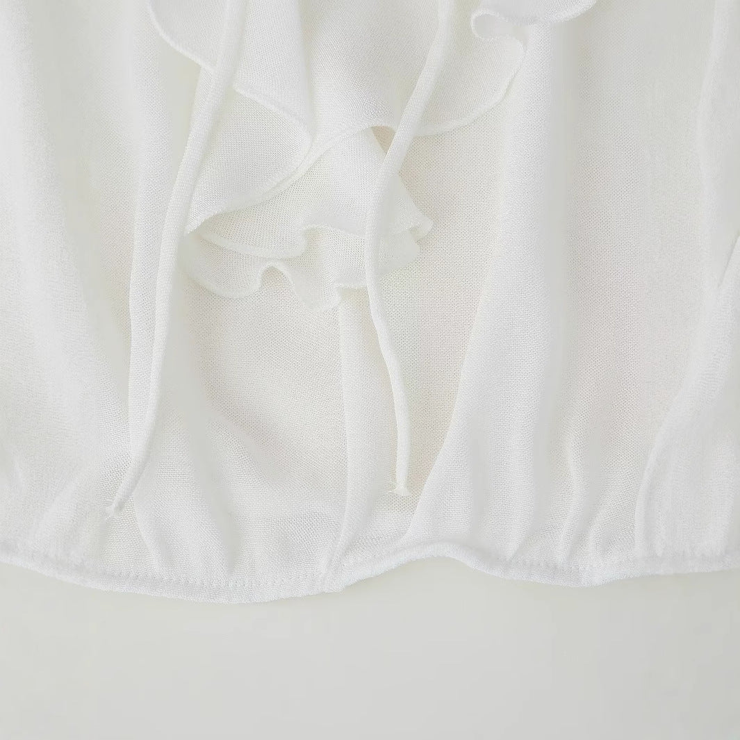 Damen Bluse mit romantischen Rüschen und tiefem V-Ausschnitt GR