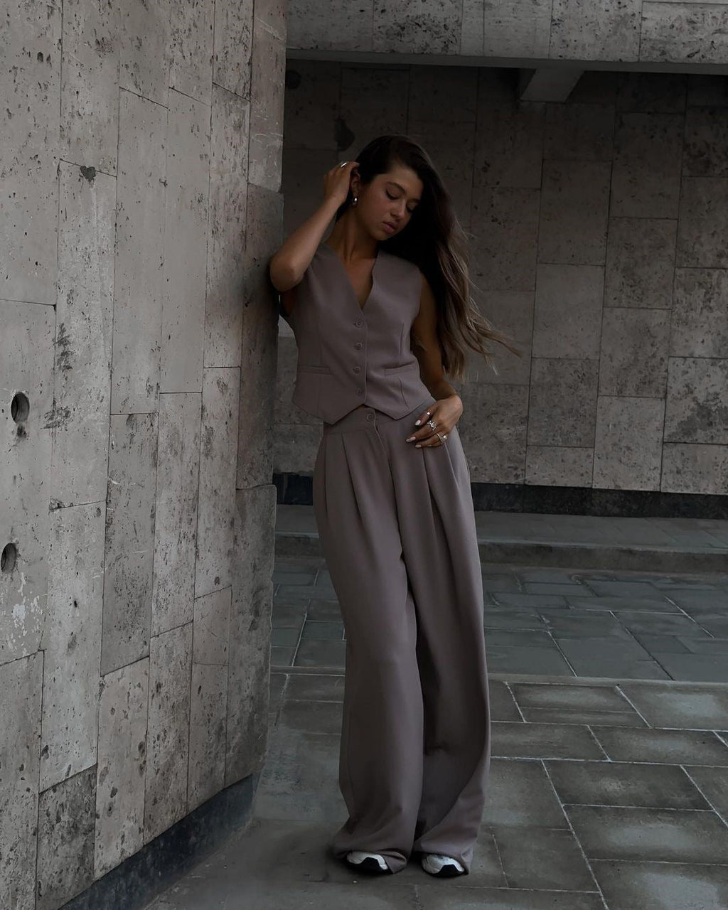 Sleeveless V-neck vest with wide-leg trousers ensemble