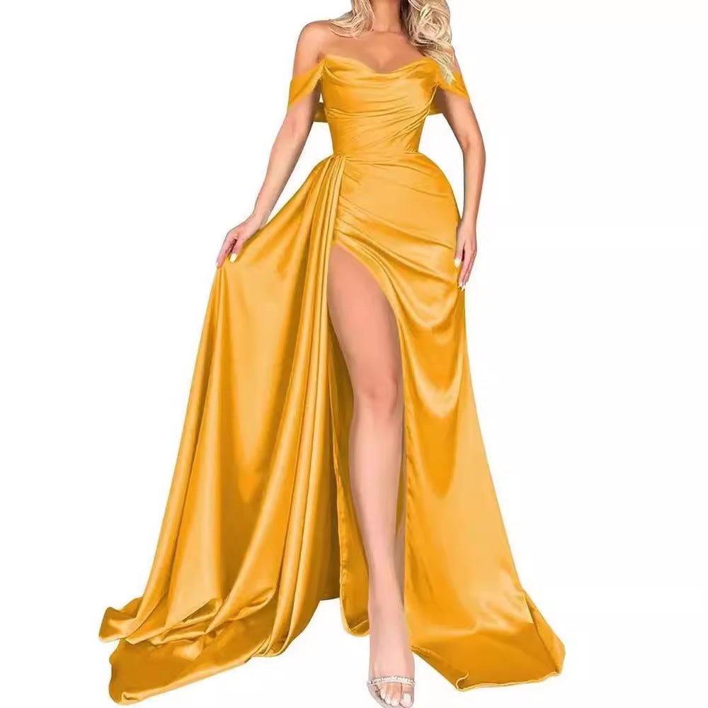 Women's off-the-shoulder evening dress with high leg slit and voluminous skirt, size [size missing]