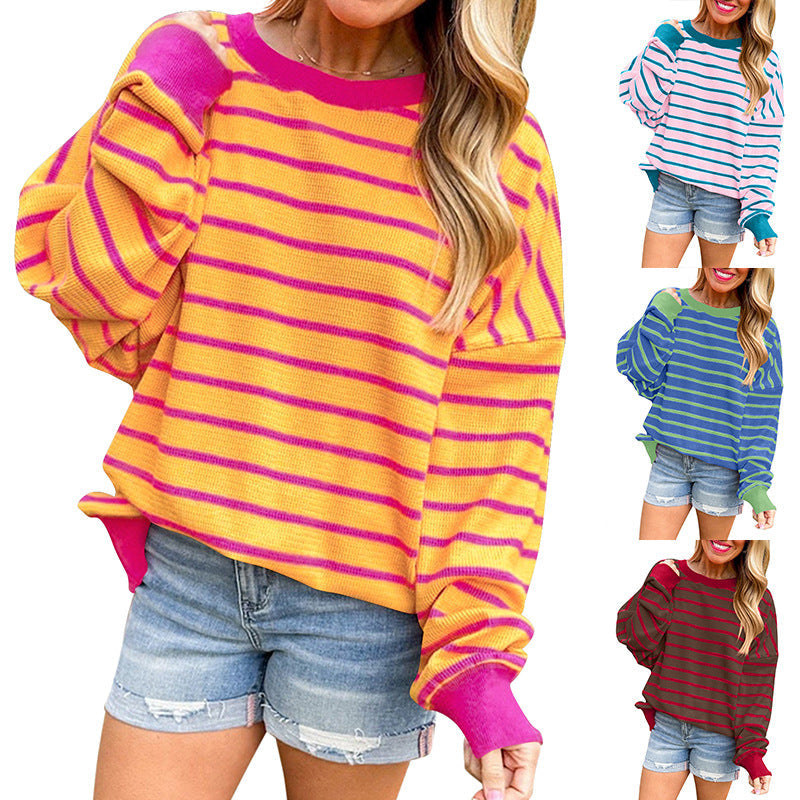 Damen lässiger und bequemer Pullover mit strukturiertem Rippenmuster und weitem Schnitt GR