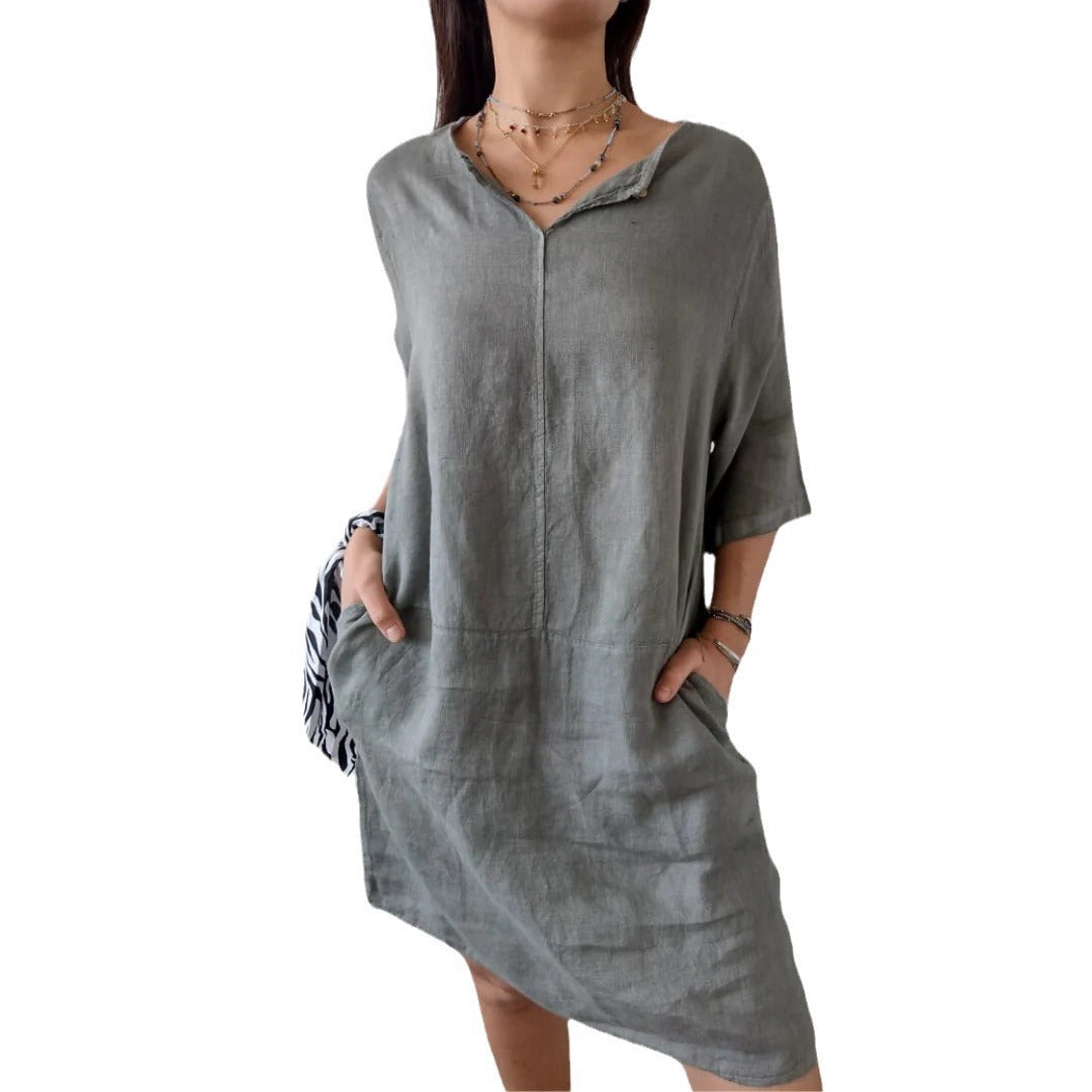 Damen Leichtes Leinenkleid mit vorderem Knopfdetail und seitlichen Taschen GR
