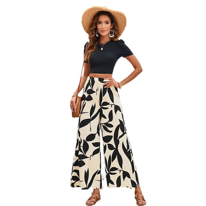 Women's Elegant Wide Leg Trousers with Floral Pattern Size