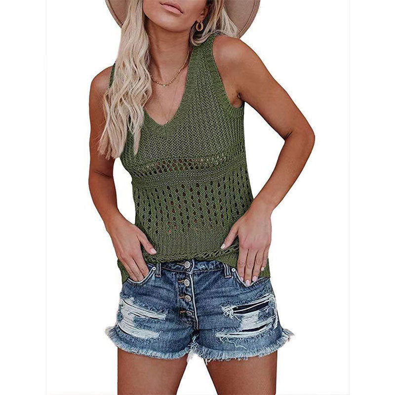 Damen luftiges Stricktop mit V-Ausschnitt und feinen Lochmustern GR