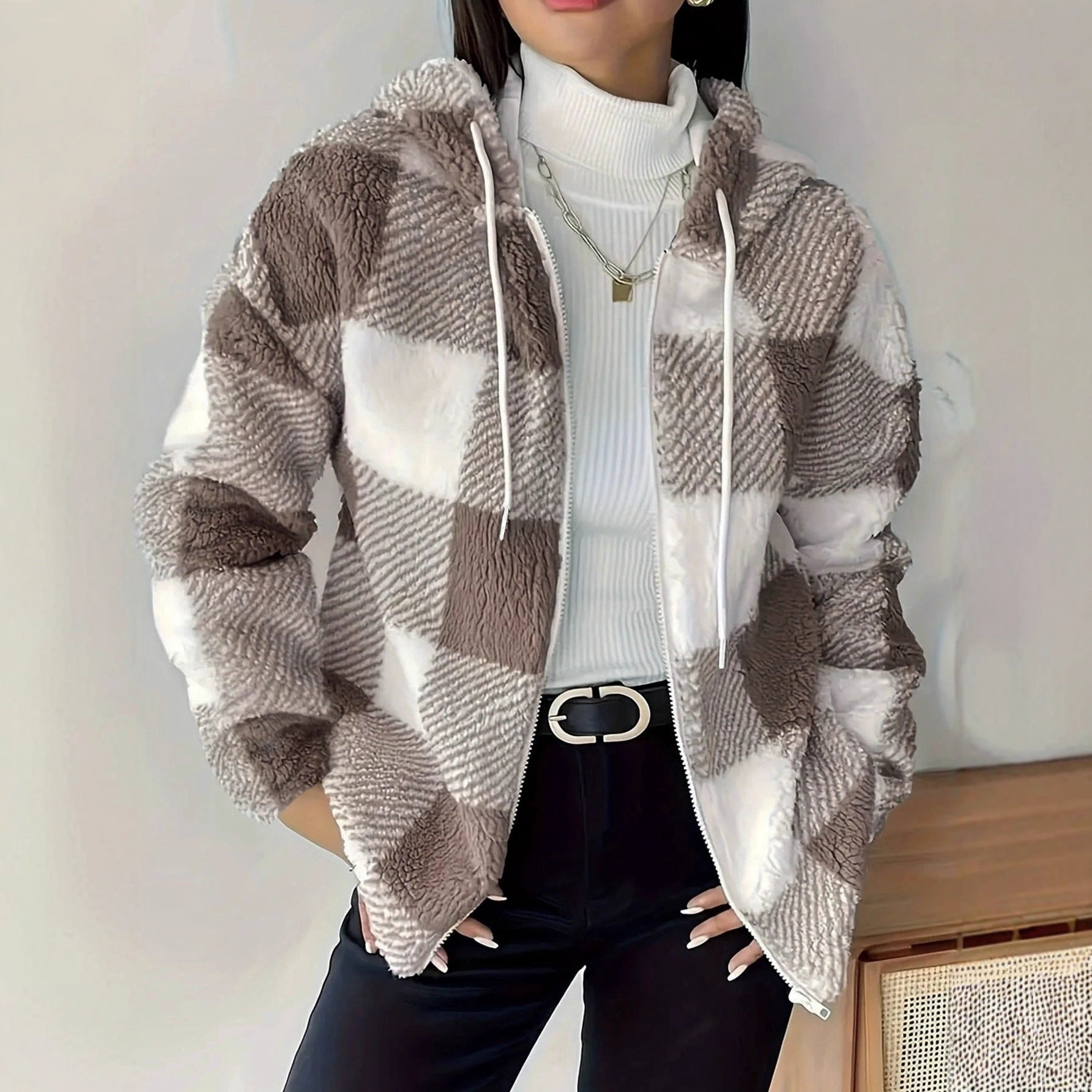 GR | Kariert Teddy Hoodie Jacke | Warm und Bequem für den Winter