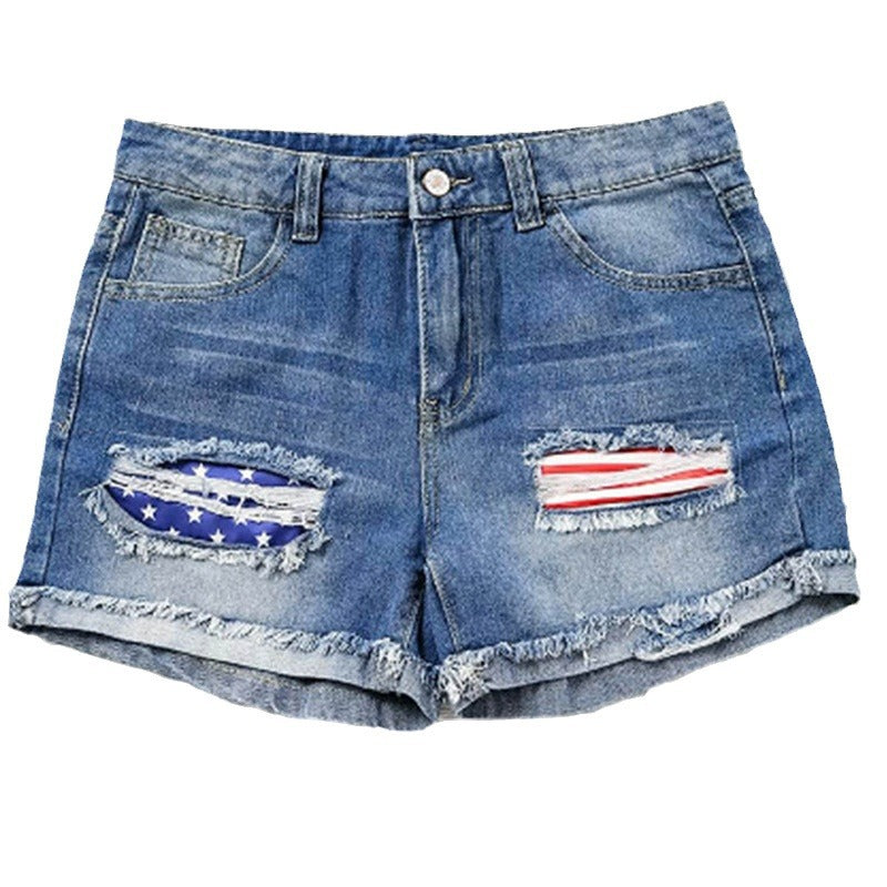 Damen Denim-Shorts mit kreativen Flaggenapplikationen und lässigem Destroyed-Design GR