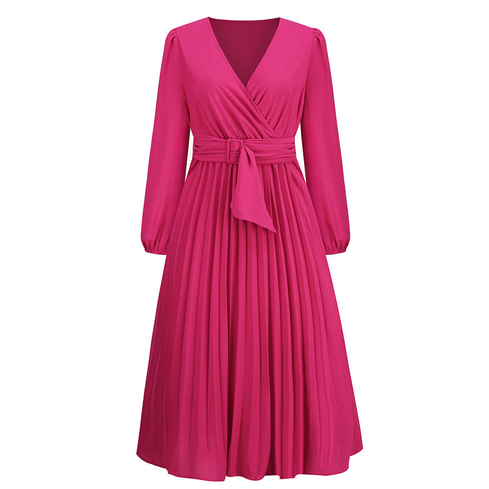 Women's wrap dress with pleated design and elegant waist belt, size