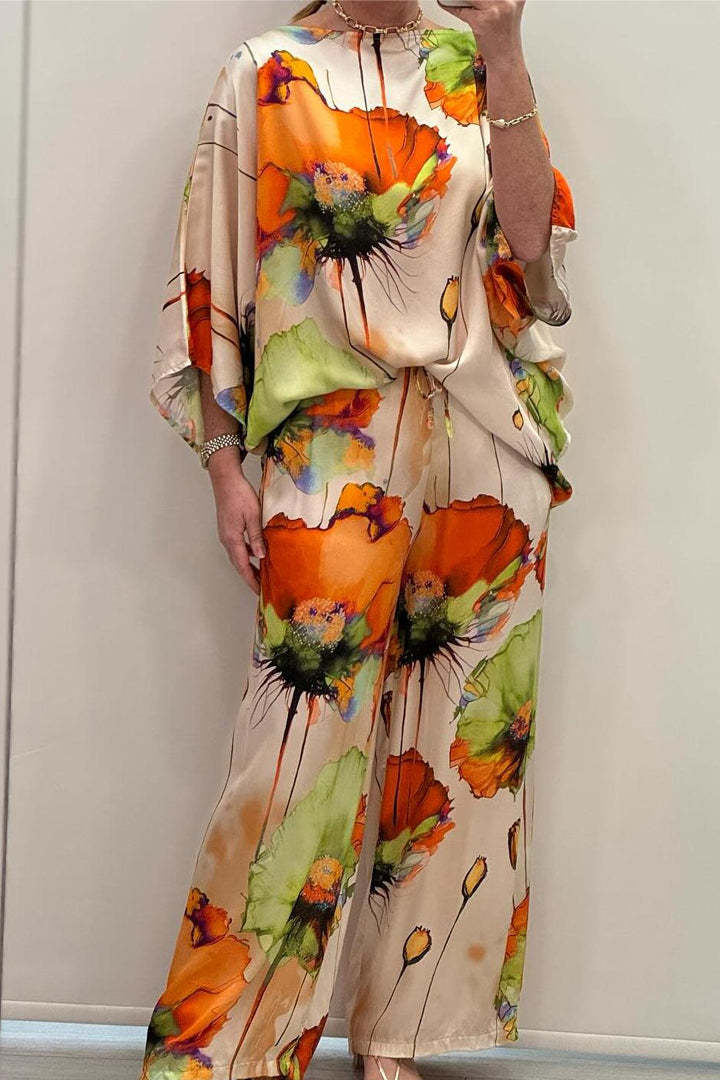 GR | Elegant satin one-shoulder printed loose set 