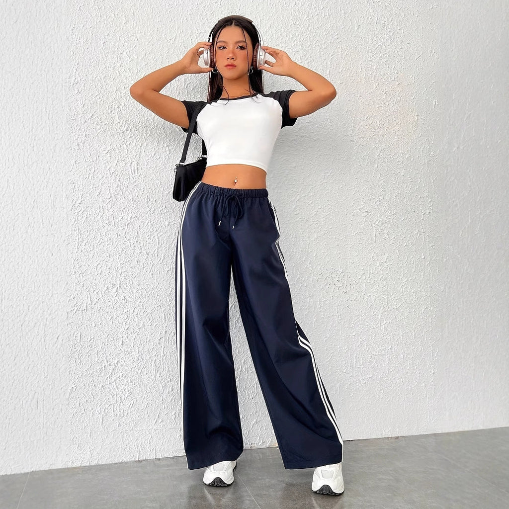 Women's high-waisted casual trousers with sporty stripes, size