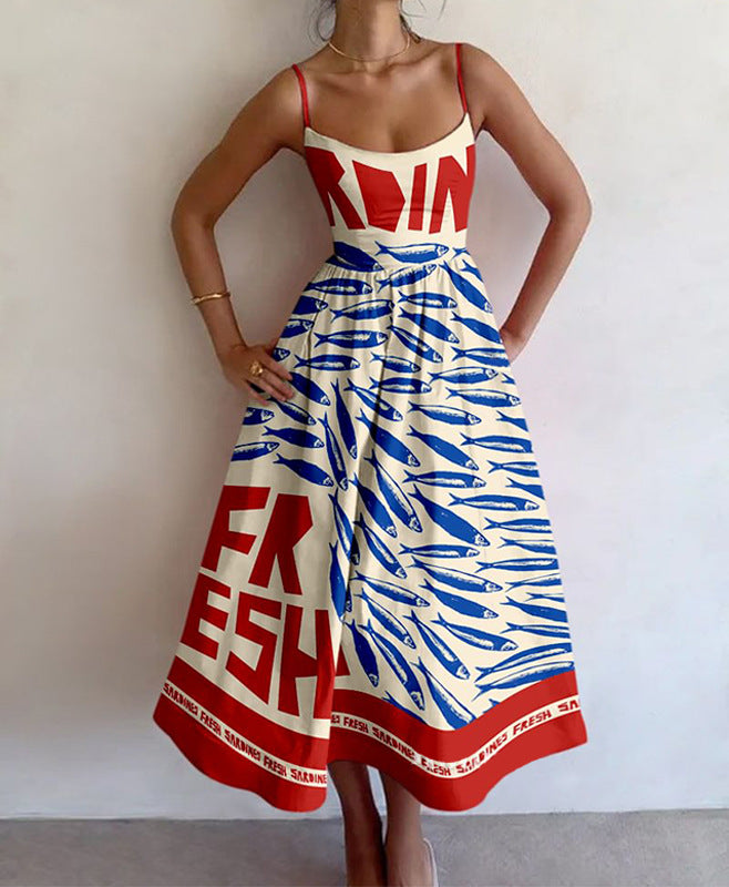 Women's midi dress with eye-catching graphic print and swing skirt, size S