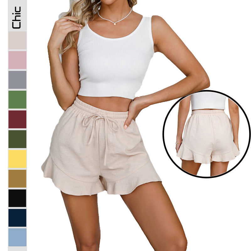 GR | Ruffled waistband casual linen shorts