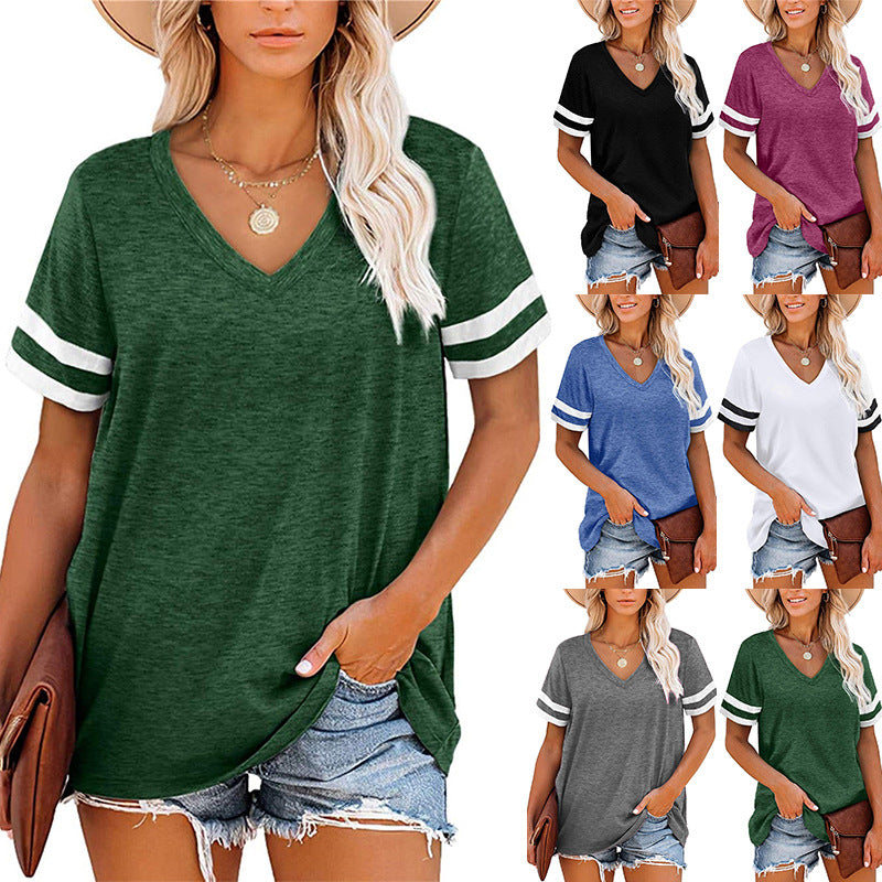 Damen V-Ausschnitt T-Shirt mit sportlichem Streifenmuster und lockerem Schnitt GR