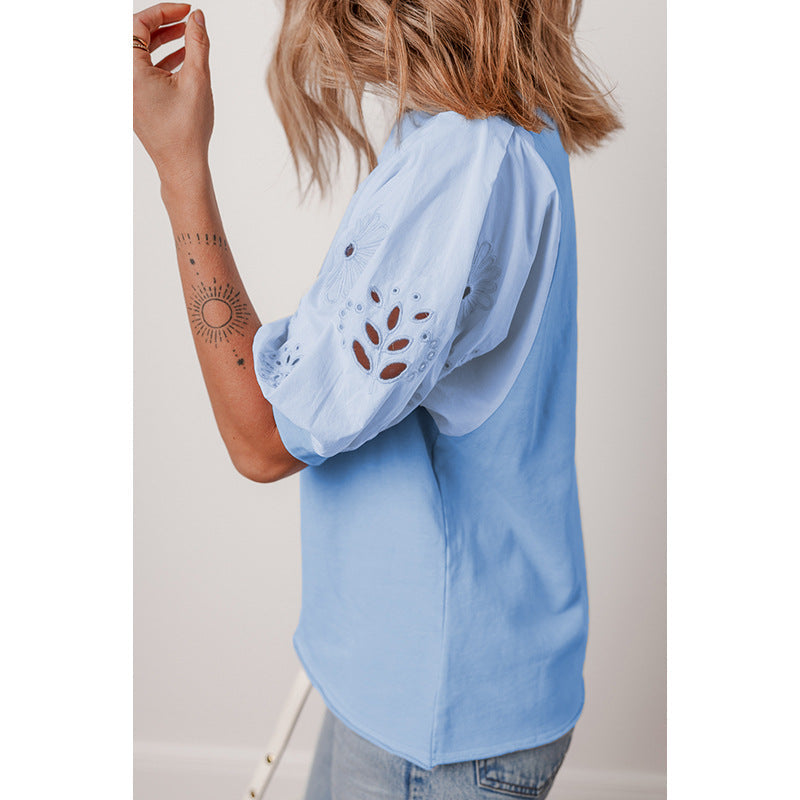Women's T-shirt with puff sleeve designs and embroidered accents, size GR