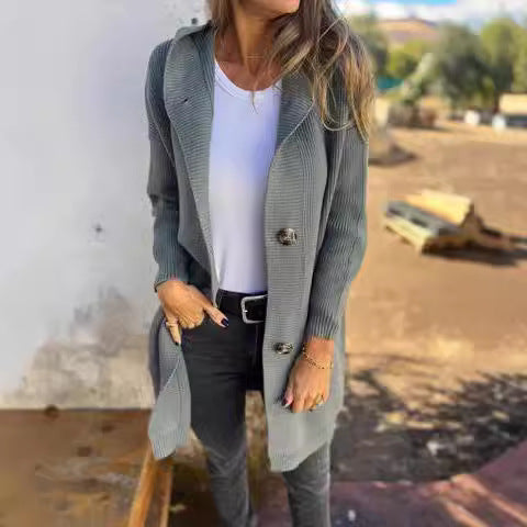 Damen Strickjacke mit Kapuze und Knöpfen GR