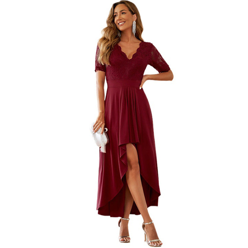 Women's elegant evening dress with deep V-neck and gathered hem, size S