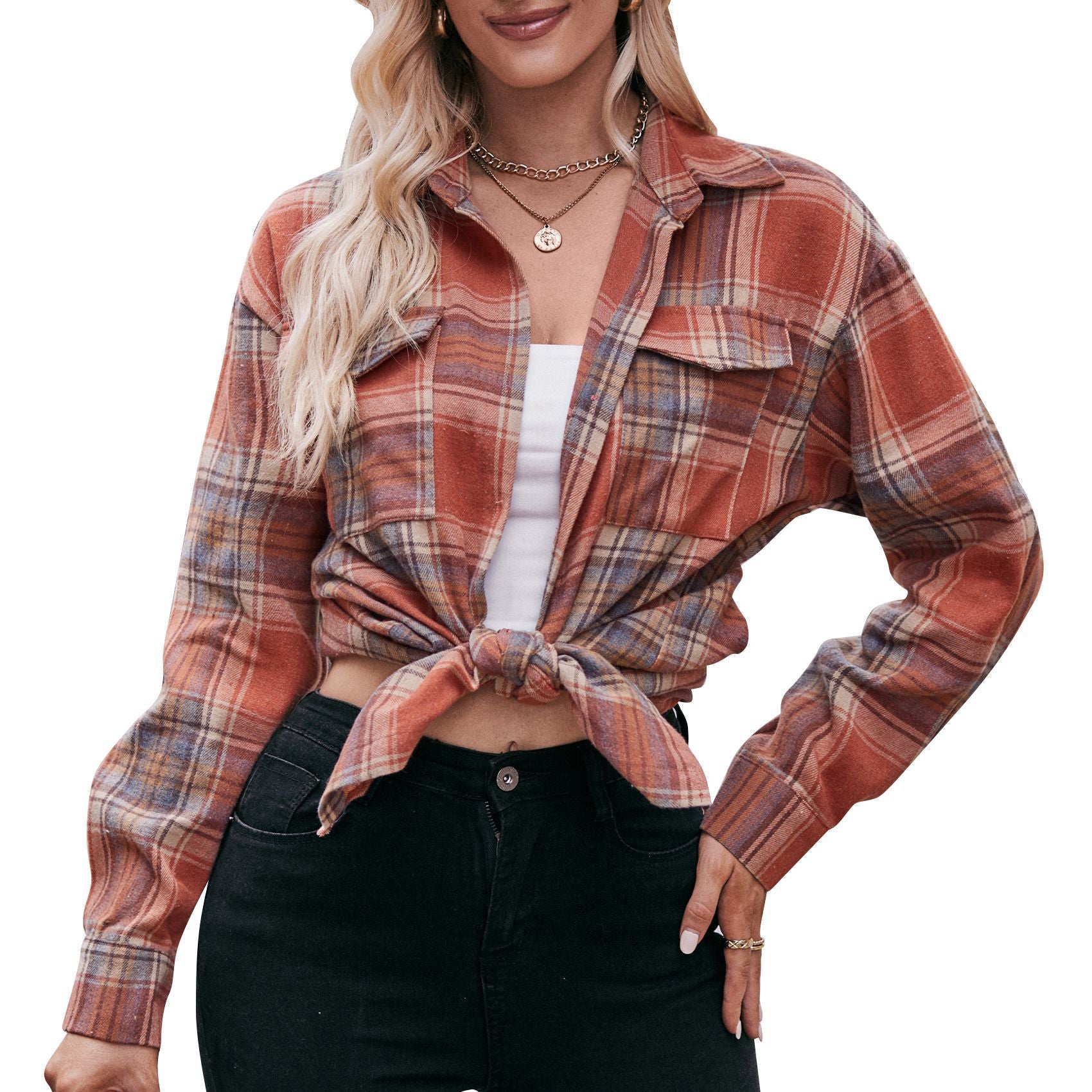 Women's checked shirt with button-up front design and casual knot detail, size GR