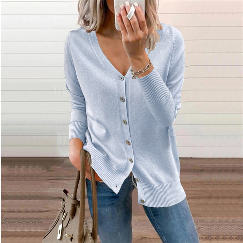 Women's cardigan with modern button details and deep V-neck, size