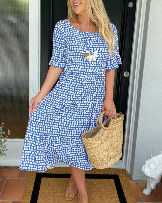 GR | Sommer Rundhals Bedrucktes Kurzarmkleid