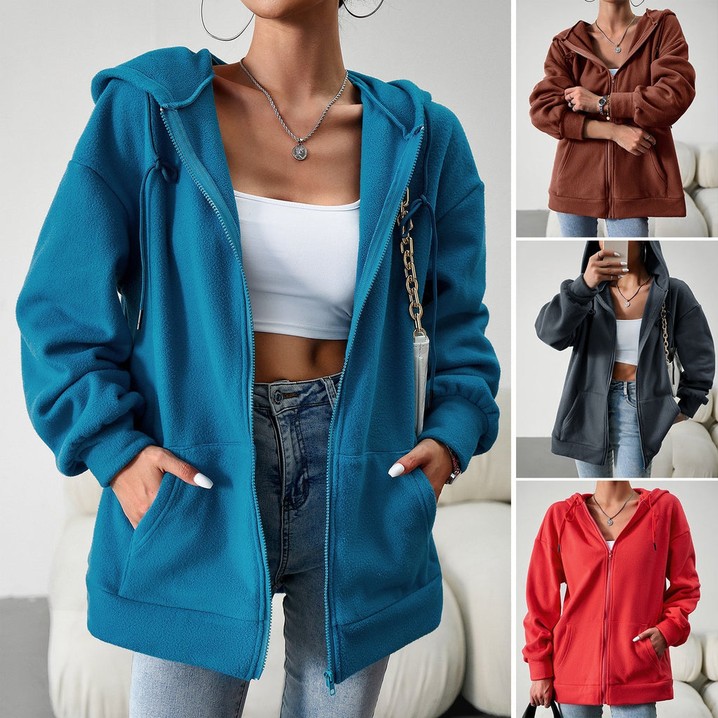Women's fleece jacket with practical pockets and adjustable hood, size S