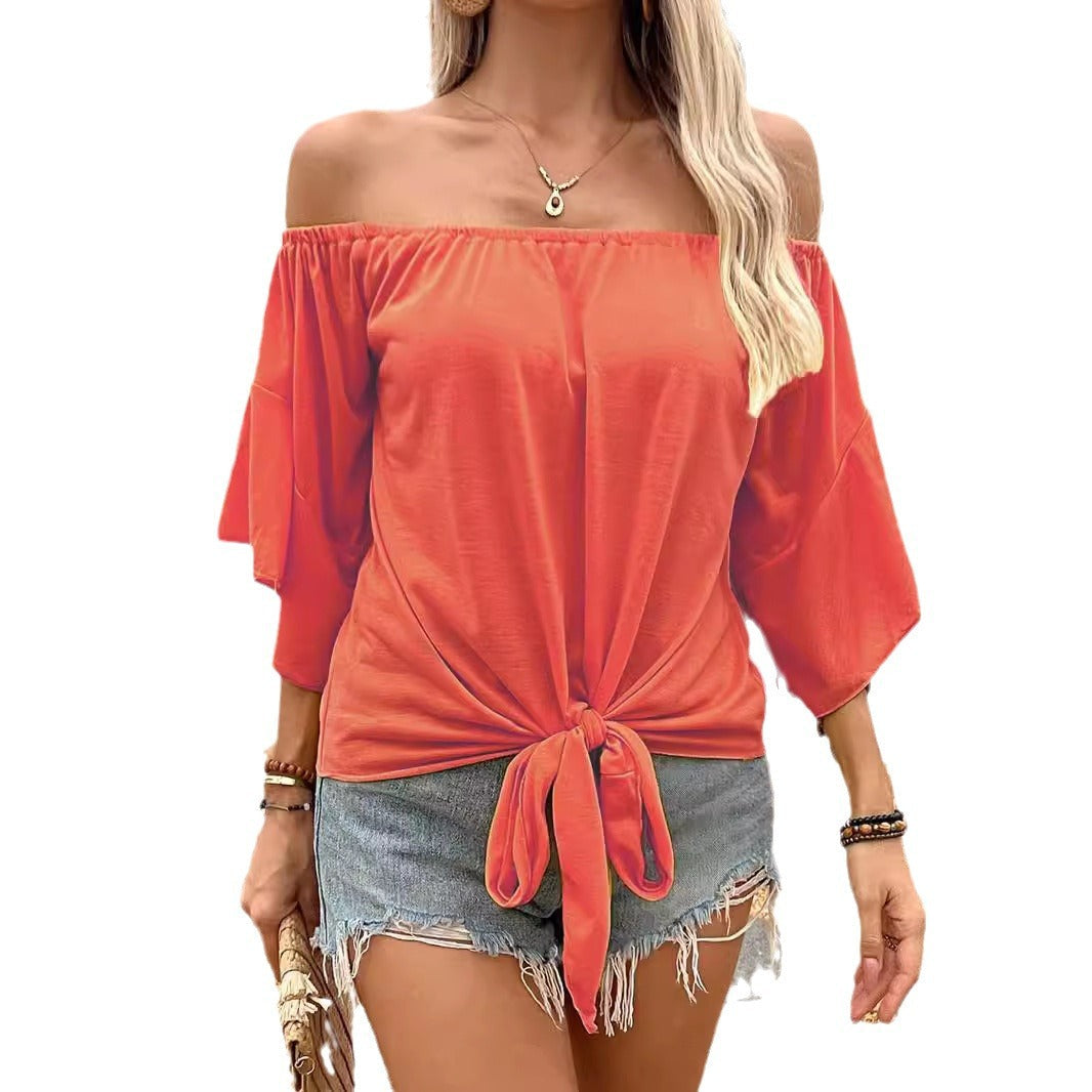 Women's off-the-shoulder top with chic knot detail and airy sleeves, size S