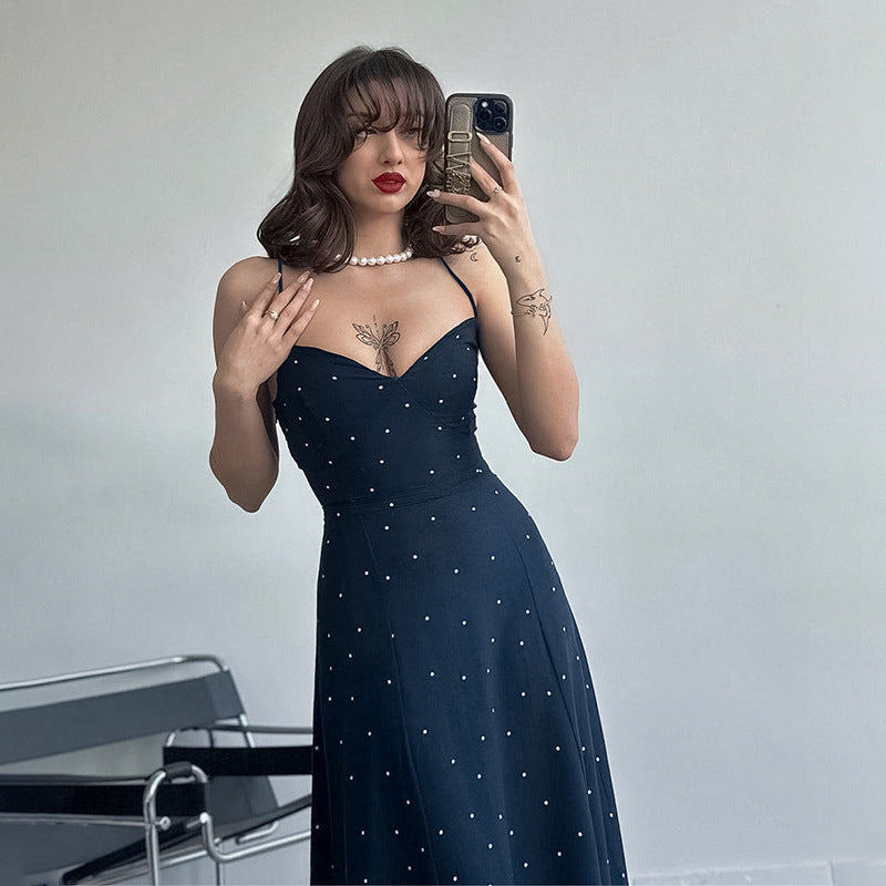Women's midi dress with delicate spaghetti straps and polka dot design, size GR