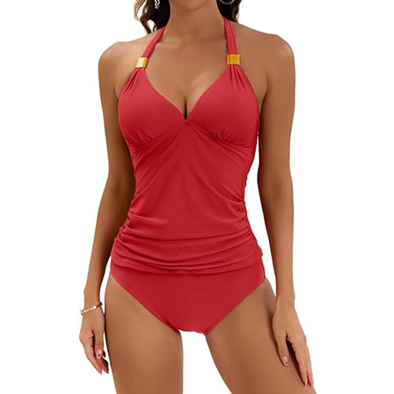 Women's tankini with gathered top and high waist, size