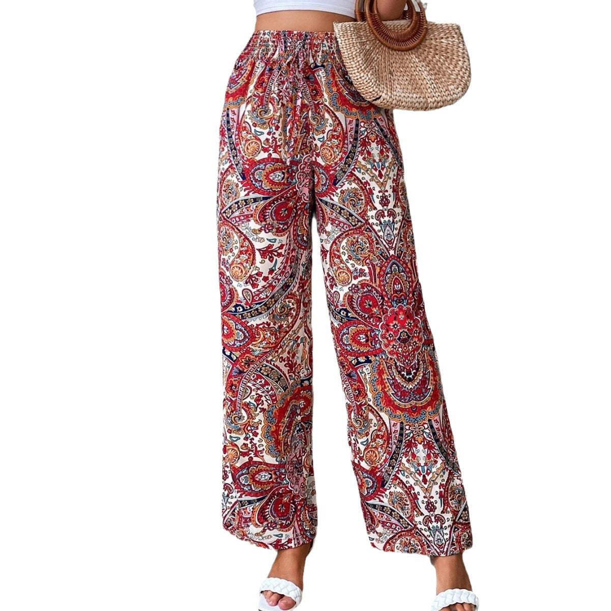 Damen weite Palazzo-Hose mit elastischem Bund und elegantem Paisleymuster GR