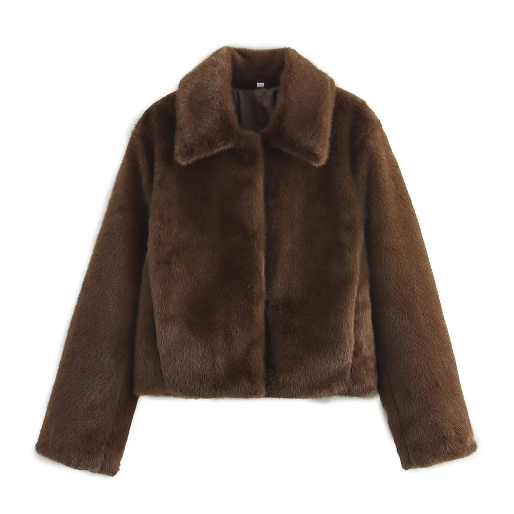 Women's faux fur jacket with classic collar and elegant silhouette, size S