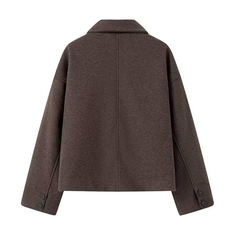 Women's casual wool jacket with a modern collar and practical side pockets, size S