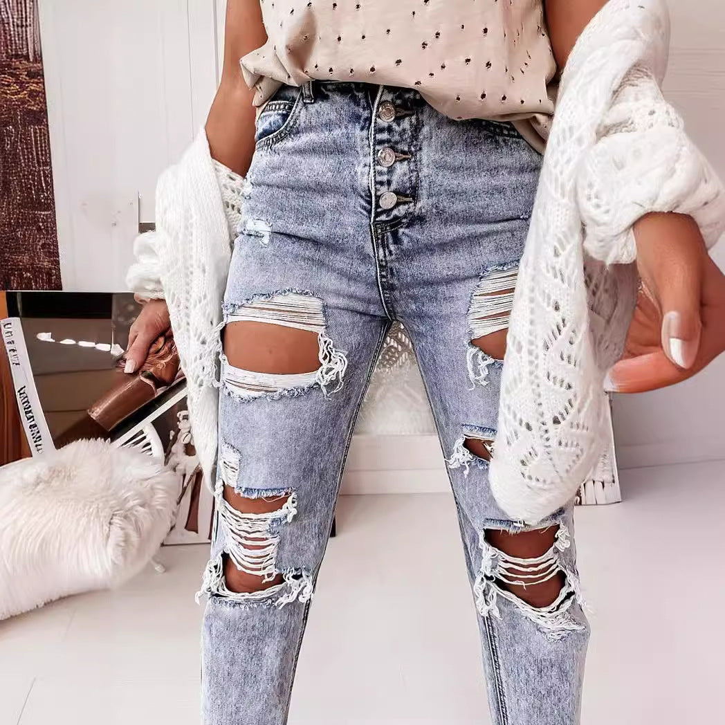 Damen Destroyed Boyfriend Jeans im lässigen Vintage-Stil mit hohem Bund GR