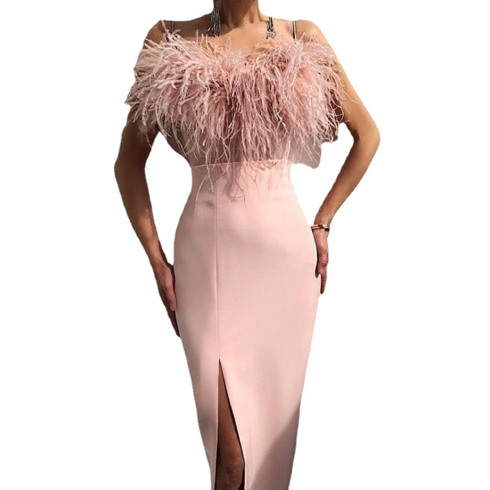 Women's evening dress with delicate feather appliqué, size