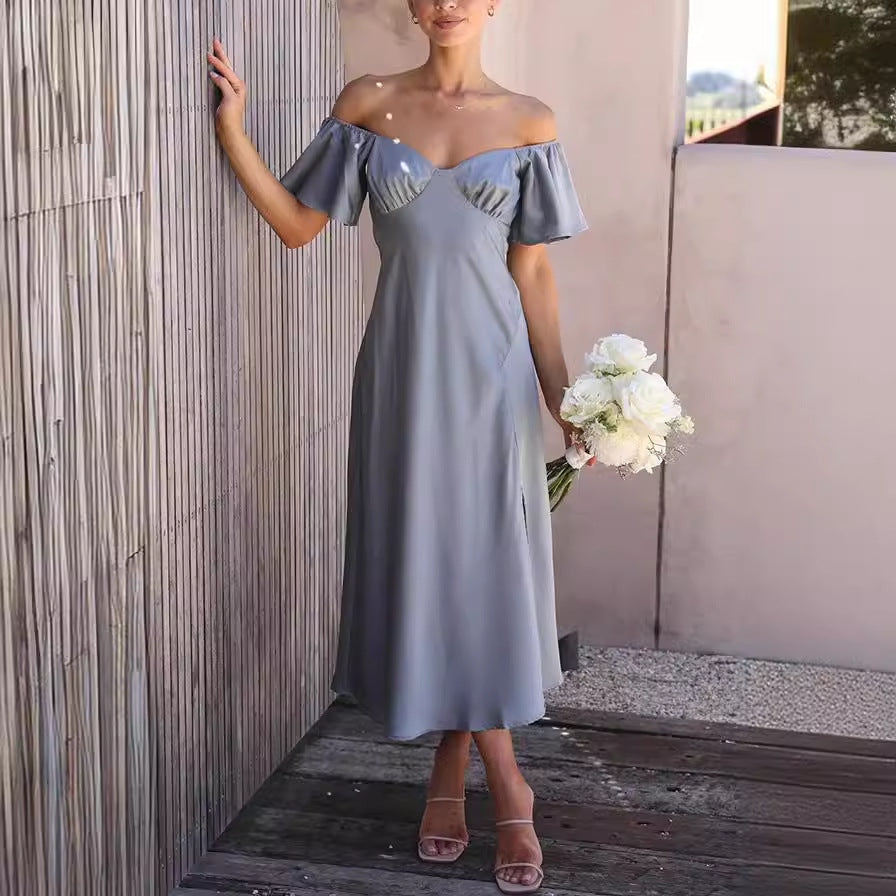 Women's off-the-shoulder midi dress with voluminous sleeves and elegant accents, size GR