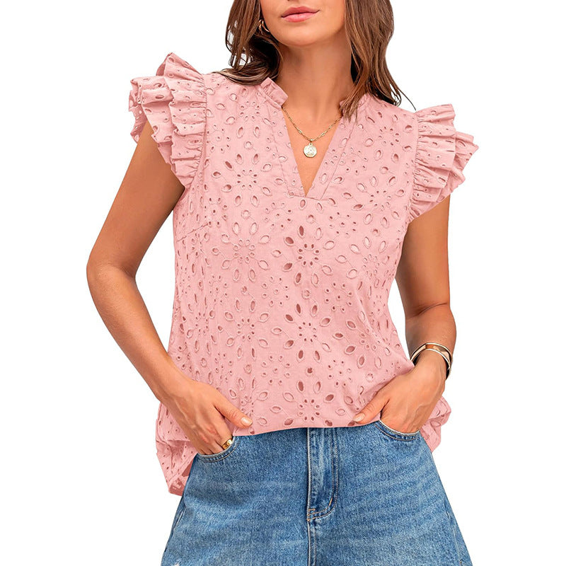 Damen Bluse mit Rüschenärmel und floralem Lochmuster GR