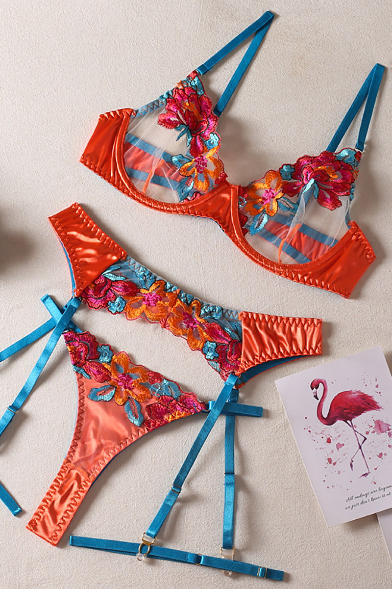 GR | Satin Sheer Floral 3 Piece Lingerie Set