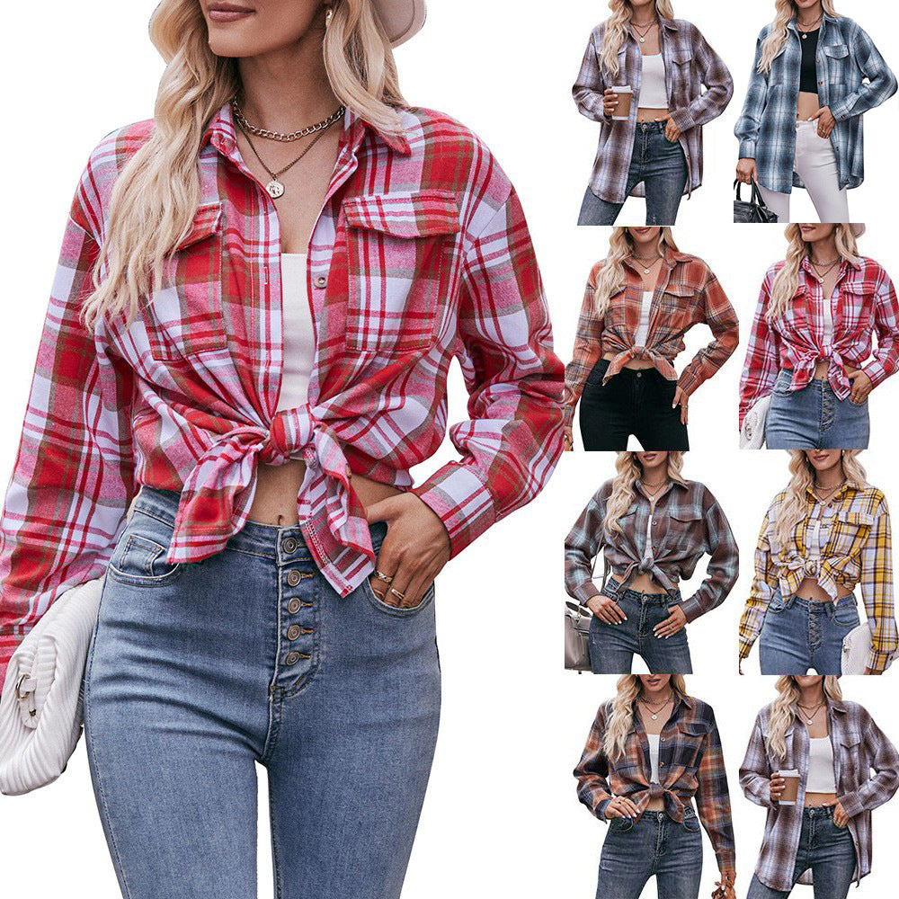 Women's checked shirt with button-up front design and casual knot detail, size GR