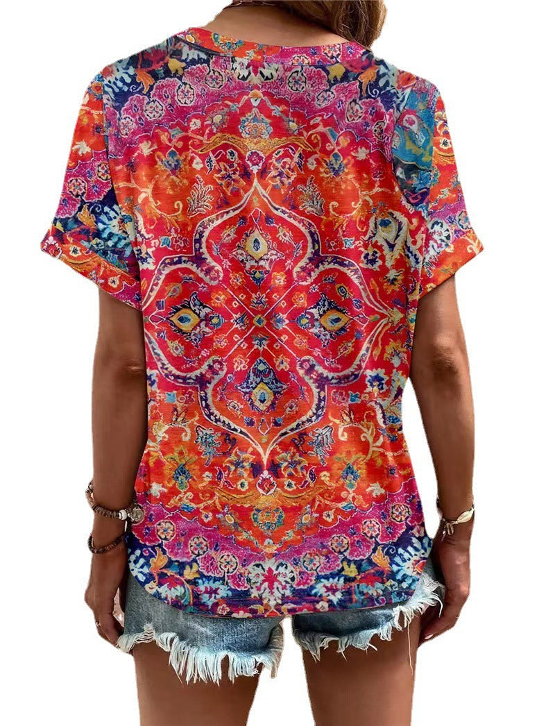 Damen Kurzarm Bluse mit dekorativem Musterdruck und knöpfbarem Ausschnitt GR