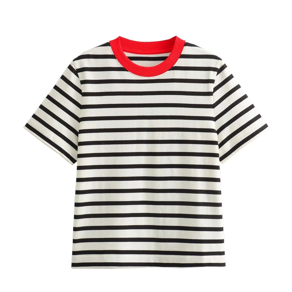 Damen Freizeit T-Shirt mit kontrastierendem Kragen und lässigem Streifenmuster GR