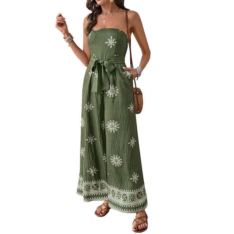 Women's jumpsuit with off-the-shoulder design and elegant tie belt, size