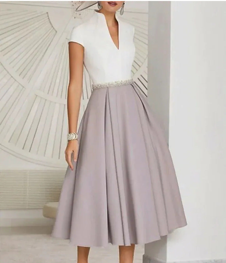 GR | White color block V-neck flared summer dress