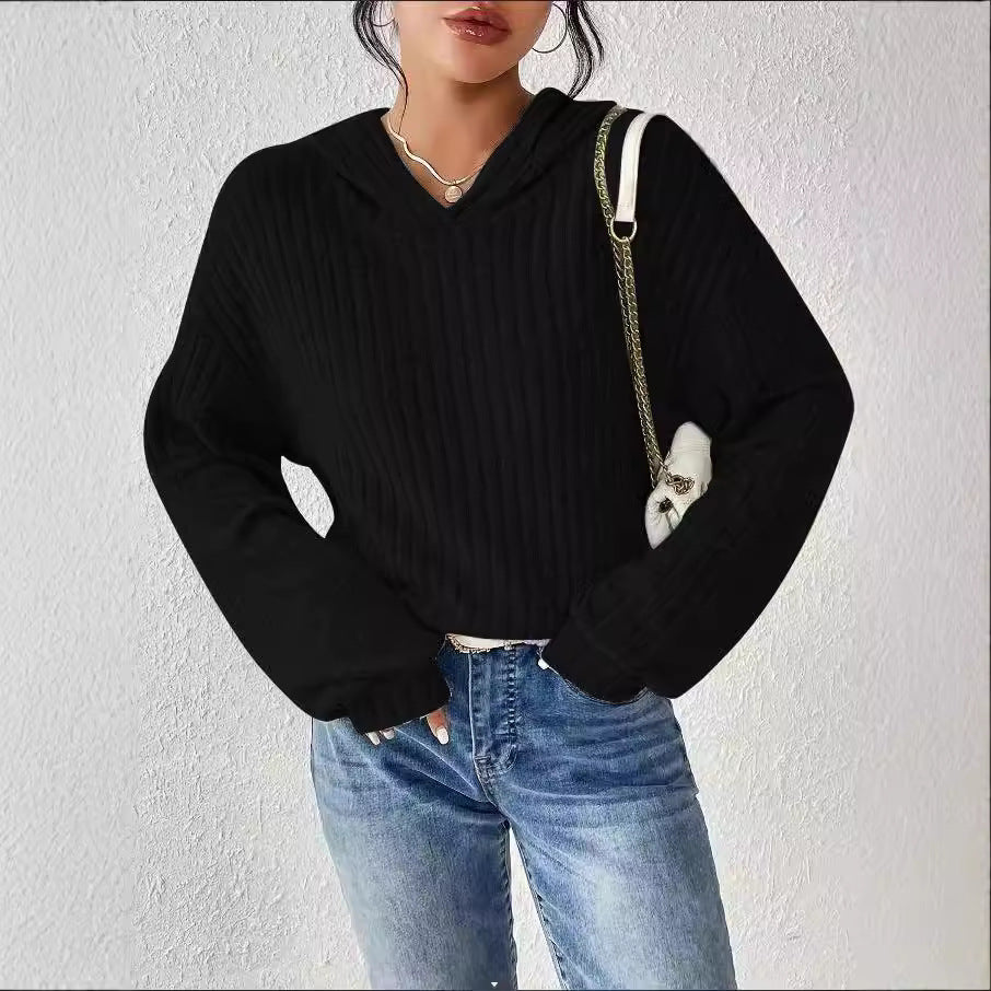 Damen lässiger Kapuzenpullover mit stilvollem Rippmuster und überschnittenen Ärmeln GR