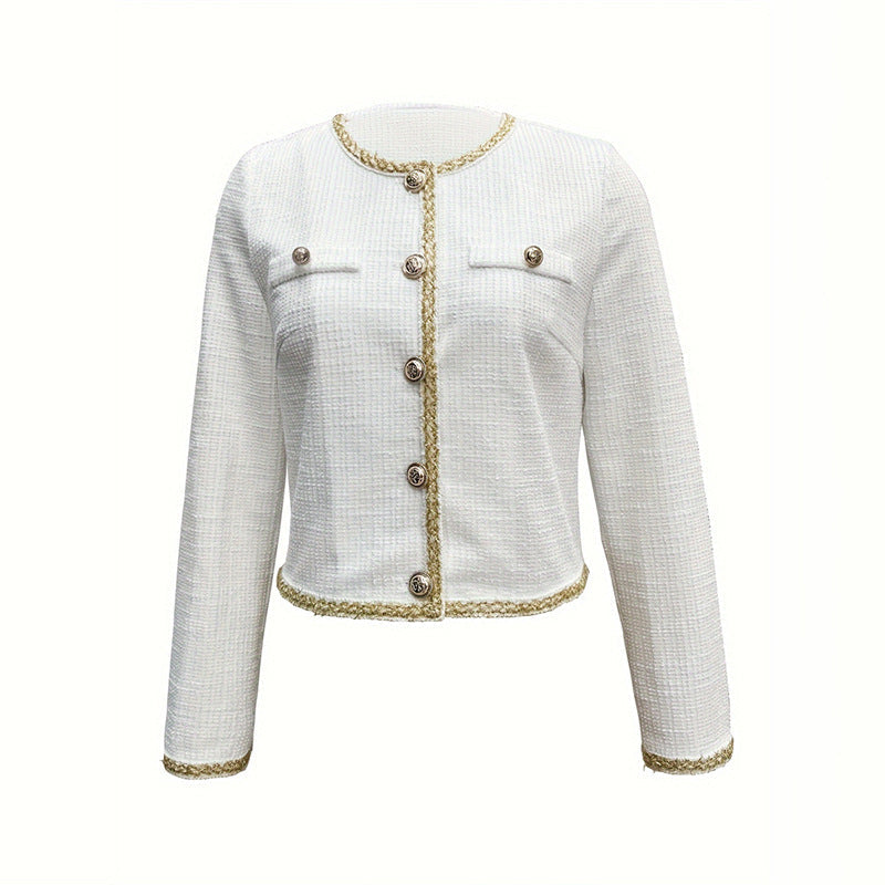 Women's elegant jacket with textured fabric and fashionable button details, size