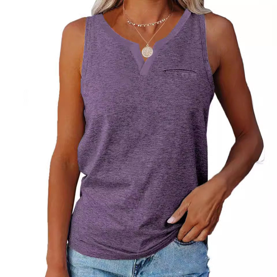 Women's sleeveless V-neck top with chest pocket and relaxed fit, size S