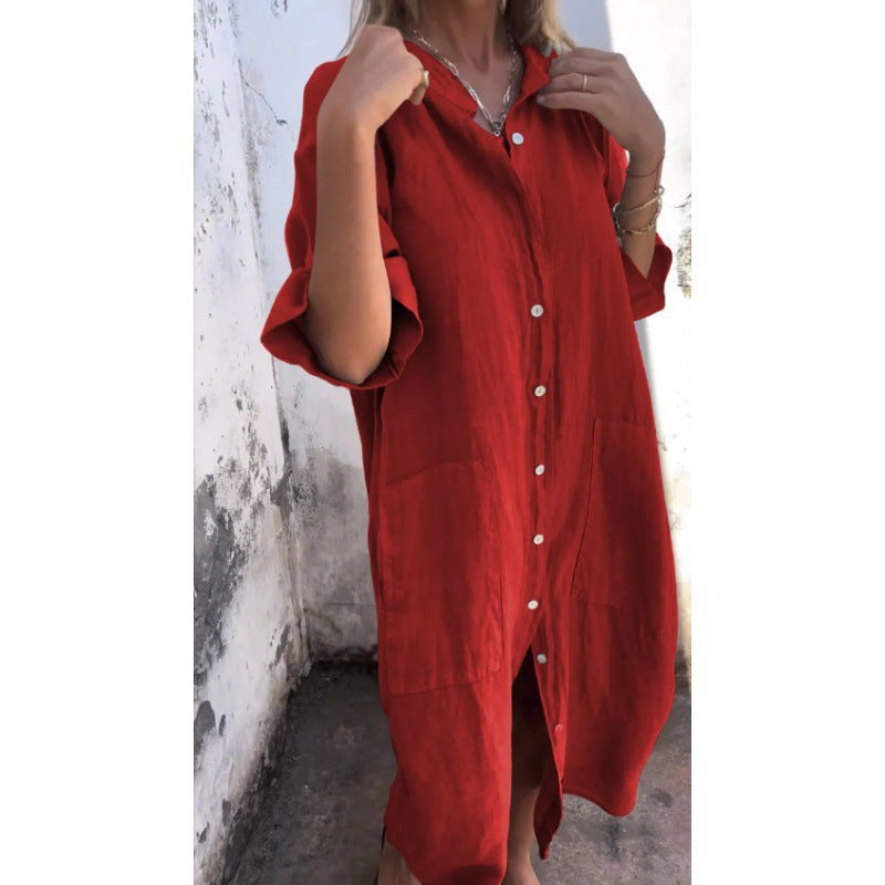 GR | Loose, casual cotton-linen shirt dress with half sleeves