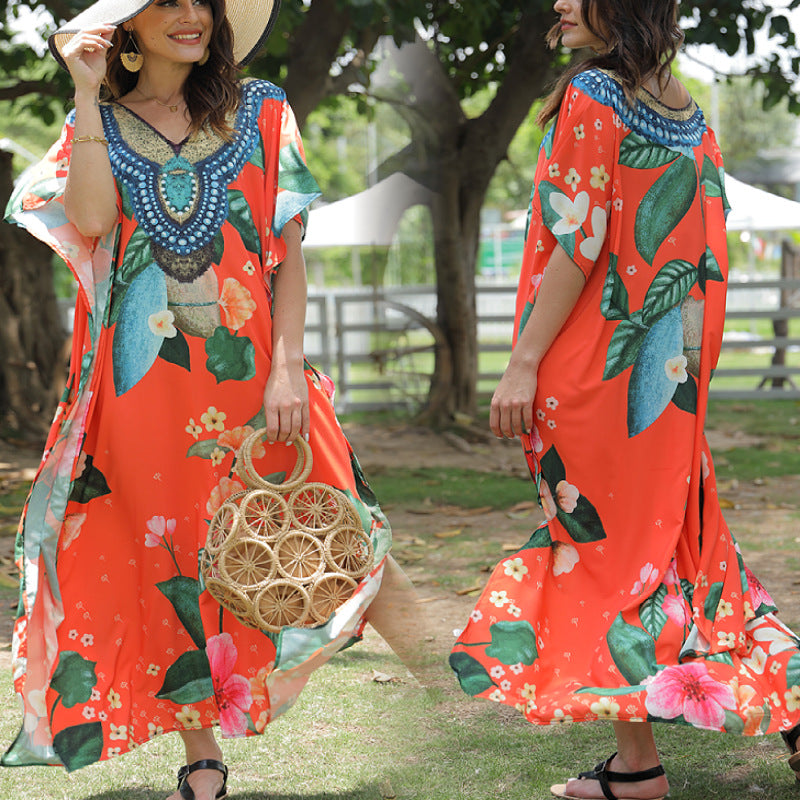 Women's beach kaftan with artistic floral pattern and decorative pearl embellishment, size GR