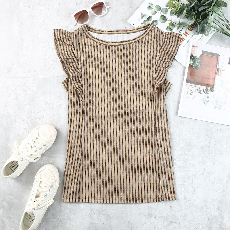 Women's top with ruffle details and striped pattern, size